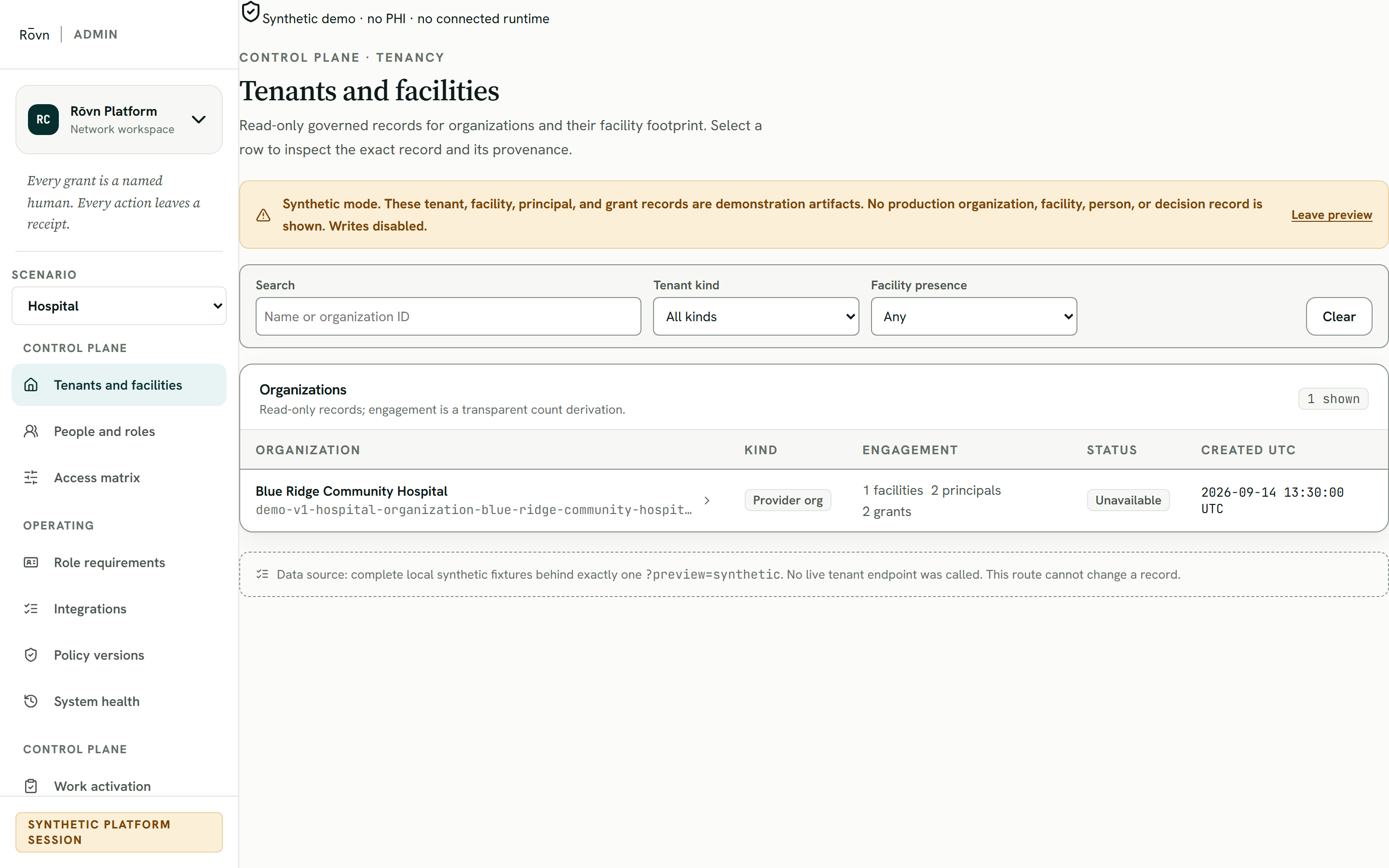 Rōvn Admin tenants screen listing synthetic organizations and facilities with their governed scopes.