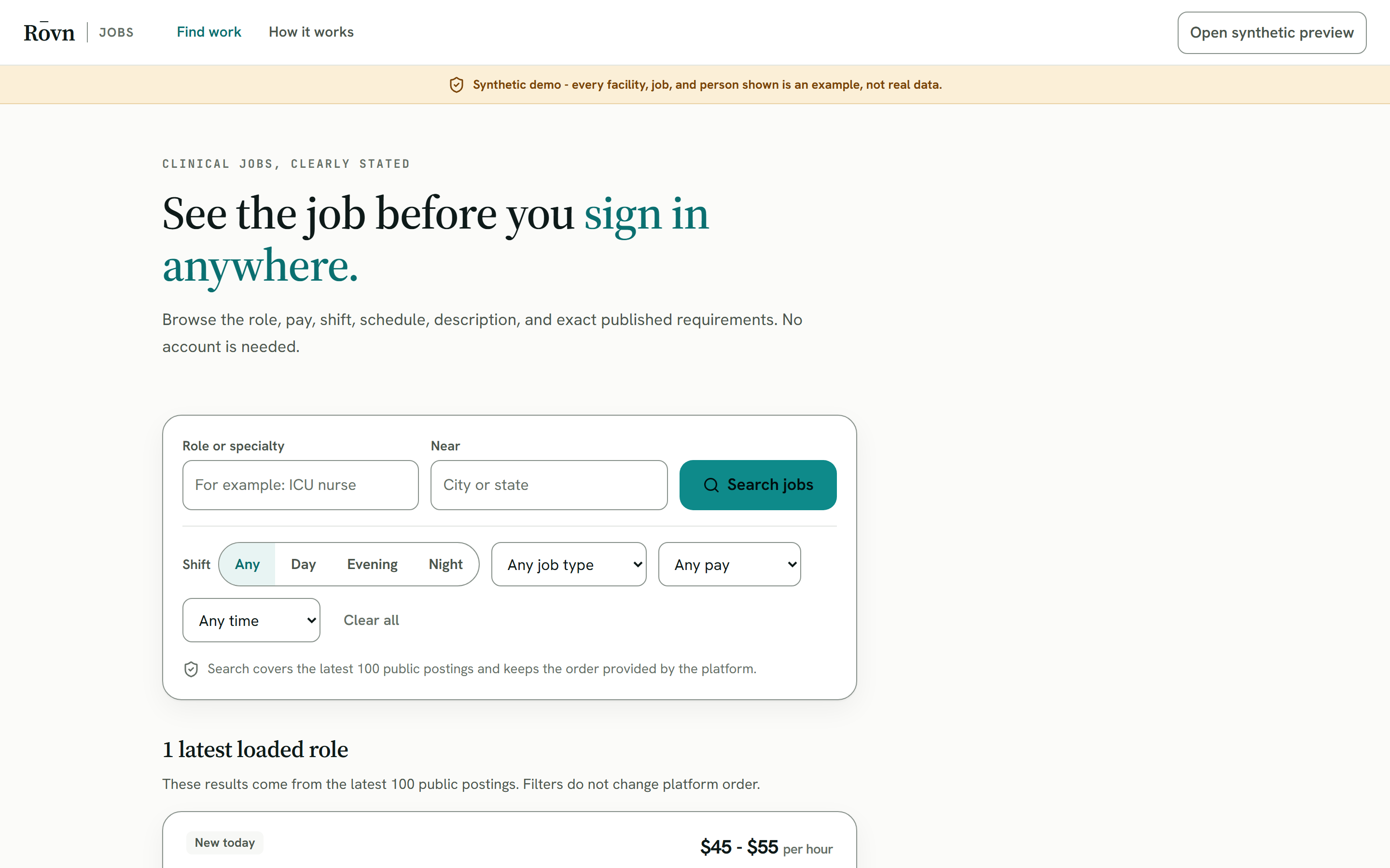Rōvn Marketplace job search for synthetic clinical roles, showing filters for shift, job type, and pay alongside a posted role with its pay range.