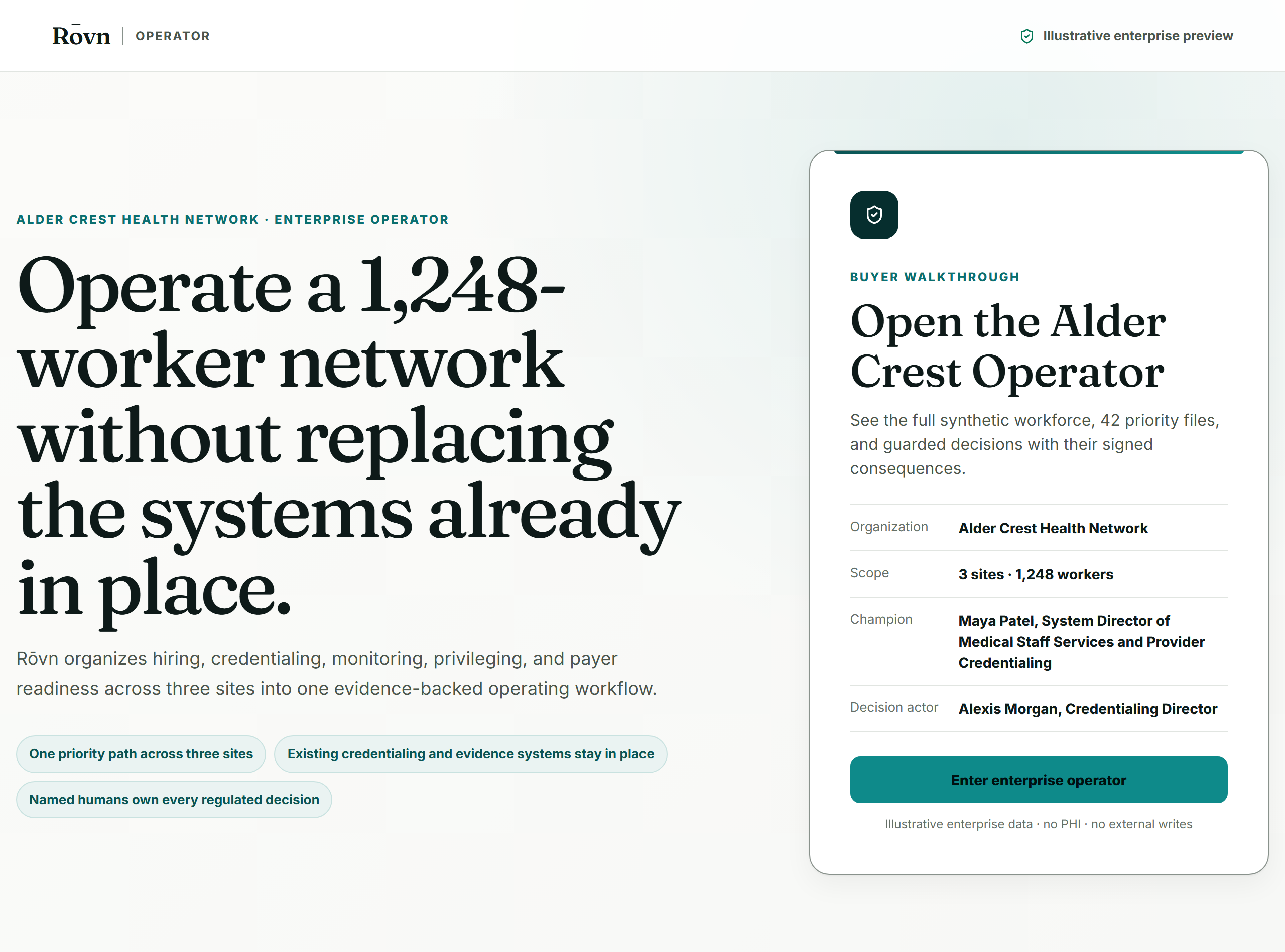 Rōvn enterprise Operator preview for Alder Crest Health Network