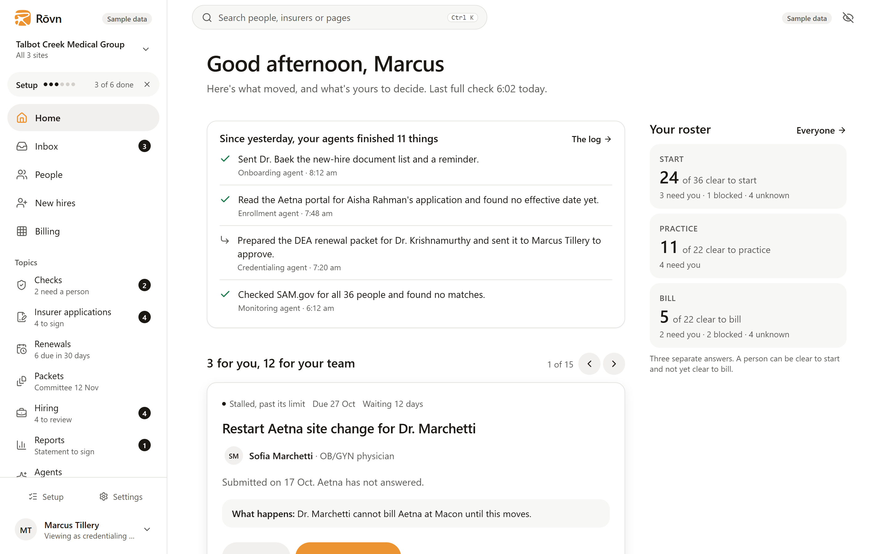 Organization app prototype on desktop: a sidebar with Home, Inbox, People, New hires and Billing, what the agents finished since yesterday, and the roster as separate counts for start, practice and bill.