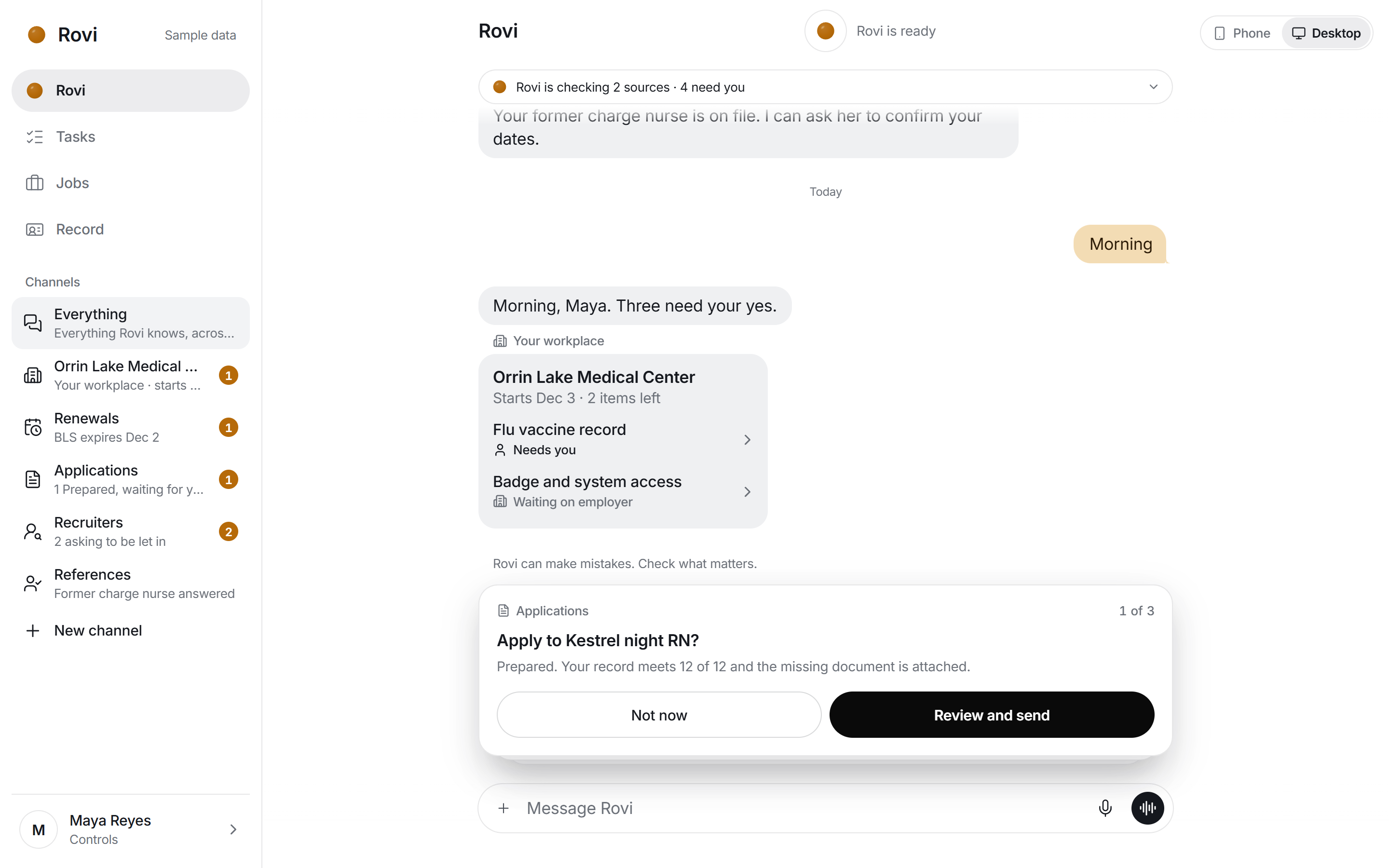 Rovi clinician app prototype on desktop: a sidebar with Rovi, Tasks, Jobs and Record, and a conversation with a morning brief, a workplace card and an application waiting for approval.